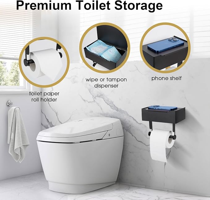 Matte Black Toilet Paper Storage Holder with Shelf for Wet Wipes, Sanitary Tampon, Trash Bags, Bathroom Wipes Holder Accessory Space Saver and Organizer