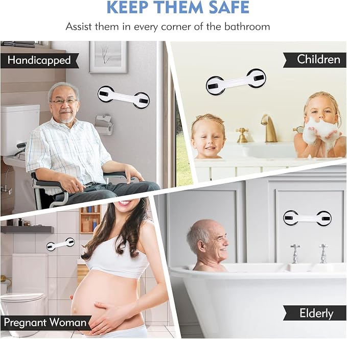 Reyiu Grab Bars for Shower, 12 Inch Shower Handle for Seniors, 2 Pack | Strong Suction Cup, for Elderly, Handicap, Bathroom Wall, No Drill, Waterproof, Anti-Slip, Removable