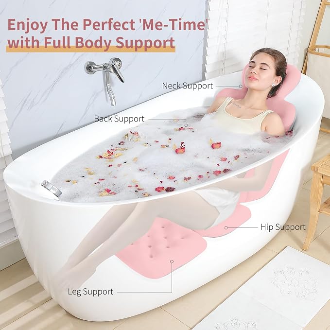 Luxury Bath Cushion, Full Body Bathtub Pillow with 160 Suction Cups, Bath Mat for Head and Neck Support, with Laundry Bag (Light Pink, 51" x 16")