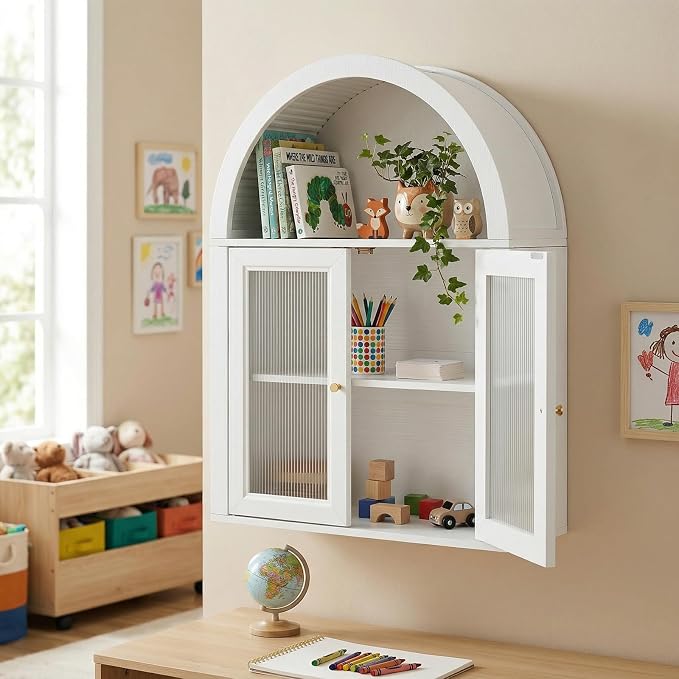 Arched Bathroom Wall Cabinet, Boho Medicine Cabinet with Tempered Glass Doors, Above Toilet Storage Cabinet, Wall Mounted Adjustable Shelf for Living Room, Restroom,White