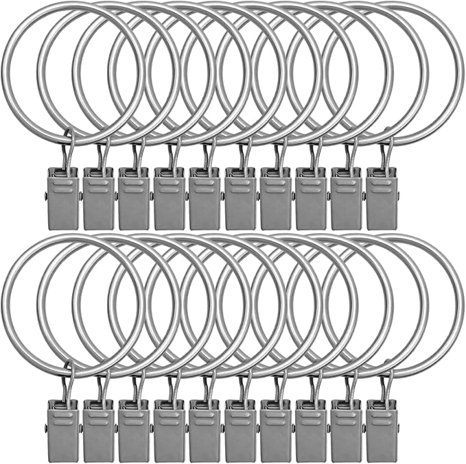20 Pack Curtain Rings with Clips 1.5" Interior Diameter,Metal Drapery Clips with Rings,Curtain Clips,Strong Vintage Decorative Rustproof Drapery Ring with Hooks for Bathroom,Bedroom(Matte Silver)