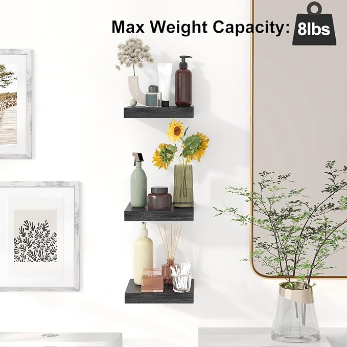 Fixwal Small Floating Shelves for Wall Decor (Black, Set of 3, 8x8Inch) | Invisible Bracket Black Floating Shelves, 8x8in, Holds 8Lbs Each, Space Saving, Modern Decor for Any Room