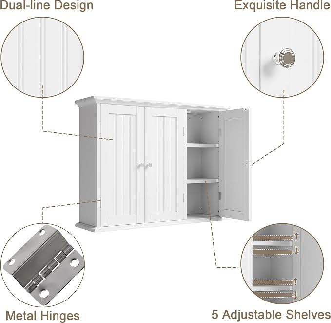ChooChoo Laundry Cabinet with 3 Doors and Adjustable Shelves | 9.06"D x 31.1"W x 24"H, Bathroom Wall Cabinet, Cupboard, White