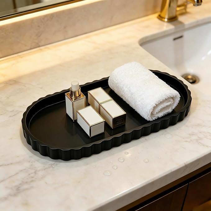 Silicone Bathroom Tray,Sink Caddy,Vanity Organizer,12"x 5",Black | Oval,Bathroom counter tray,Toilet tray,Kitchen Counter Decor,Sponge Holders,Sink Organizers,Key tray,Bathroom tank tray