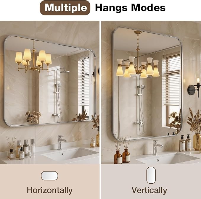12"x16" Bathroom Mirror for Over Sink, Brushed Nickel Vanity Mirror | Aluminum Alloy Frame, Clear Reflection, Rust-Resistant, Vertical or Horizontal, Wall Mount, Bedroom and Entryway
