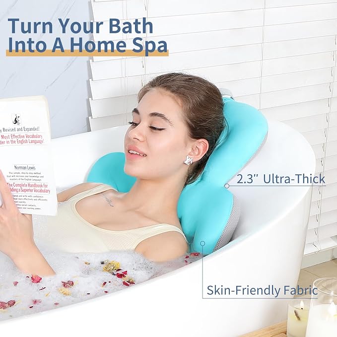 Luxury Bath Cushion, Full Body Bathtub Pillow with 160 Suction Cups, Bath Mat for Head and Neck Support, with Laundry Bag (Blue, 51" x 16")