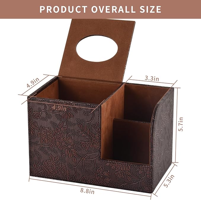 PU Leather Tissue Box Cover Square Tissue Holder Tissues Box Organizer with 2 Compartment,Remote Control Holder,Multifunctional Decorative Tissue Box Covers Cube,Home Office Desktop Storage Box,Retro
