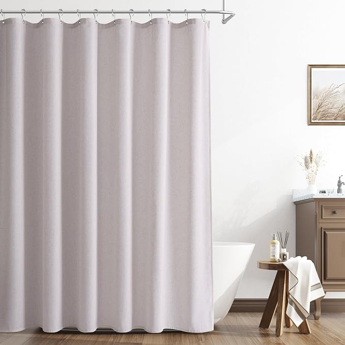 Champagne Linen Shower Curtain, Cloth Textured Fabric Shower Curtain Set with Hooks, Simple Elegant Modern Farmhouse Country Ultra Thick Bath Curtains for Bathroom,Water Repellent,72x80