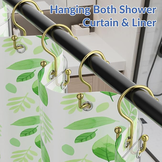 Shower Curtain Hooks, Gold Shower Curtain Hooks Rust Proof, Anti-Drop Metal Shower Curtain Rings Hooks, Double Shower Hooks for Shower Curtain, Shower Rings for Curtain & Liner, Gold-12 Pcs