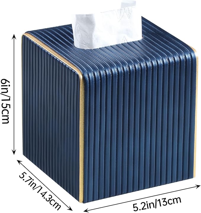 Square Tissue Box Cover, PU Leather Tissue Box Holder Navy Blue | Non Slip Base, with Magnetic Closure, Cube Tissue Cover for Living Room Bathroom Vanity Nightstand Bedroom