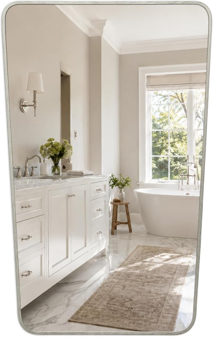 Brushed Nickel Rounded Rectangle Bathroom Mirror, 24x36 Inch | Aluminum alloy frame, soft trapezoid shape, tempered glass, reversible vertical keyhole mount