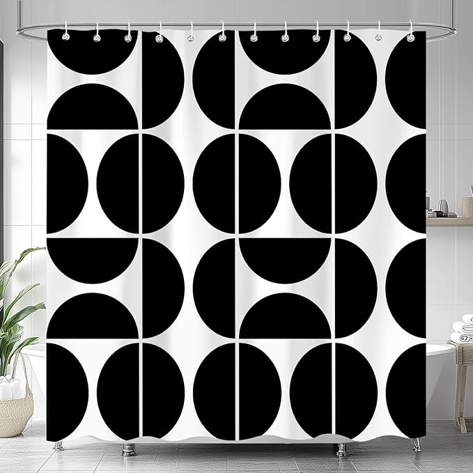 Black and White Mid Century Modern Shower Curtain, Boho Abstract Geometric Retro Art Bath Curtains For Bathroom, Colorful Unique Pattern Waterproof Polyester Fabric Bathroom Set 12 Hooks 72X72IN