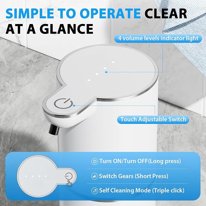 Fantictas Automatic Foaming Soap Dispenser Touchless, 4 Adjustable Levels | Foam Soap Dispenser 380ML, USB Charging Wall Mount for Kitchen & Bathroom, IPX5 Waterproof