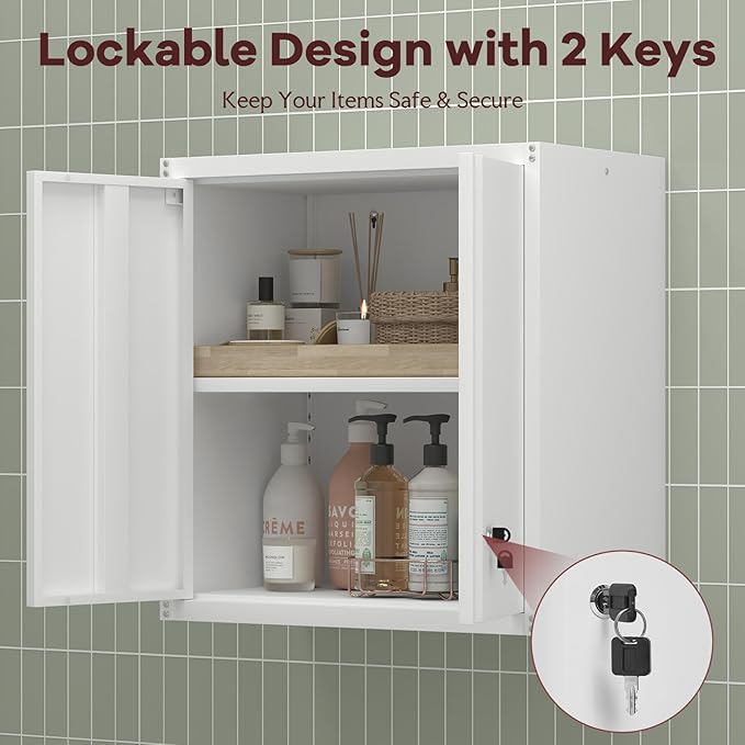 Metal Wall Cabinet, Steel Locking Cabinet for Office, Home Office Cabinets with Doors and Shelves, Garage Cabinets for Utility Room, Laundry Room