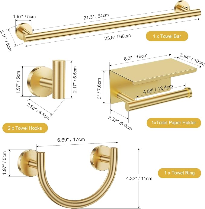TURS 5-Pieces Brushed Gold Bathroom Hardware Accessories Set SUS304 Stainless Steel Towel Bar Set 23.6inch Wall Mounted Toilet Paper Holder with Shelf
