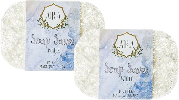 Aira Soap Saver - Soap Dish & Holder - BPA Free Shower & Bath - Drains Water, Circulates Air - Easy to Clean, Fits All Sets - White Double Pack