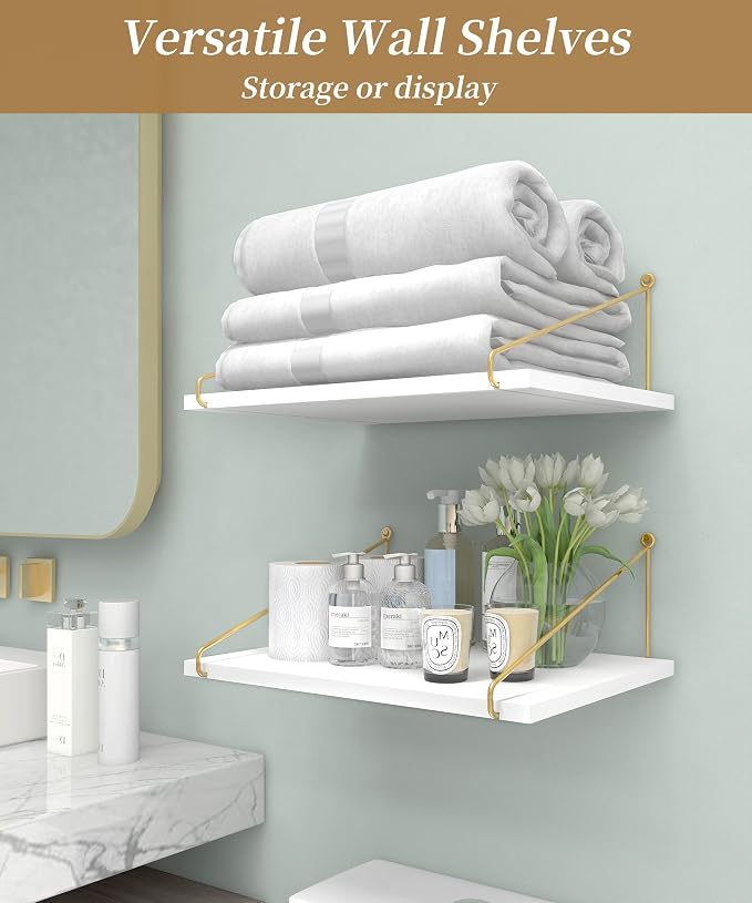 Afuly Floating Shelves for Wall, 12 Inch Deep Gold White Shelf, Set of 2 | Solid Wood and Metal, Hanging Bookshelf with Brackets, Plants Photos Display, for Bathroom, Kitchen, Living Room, Bedroom
