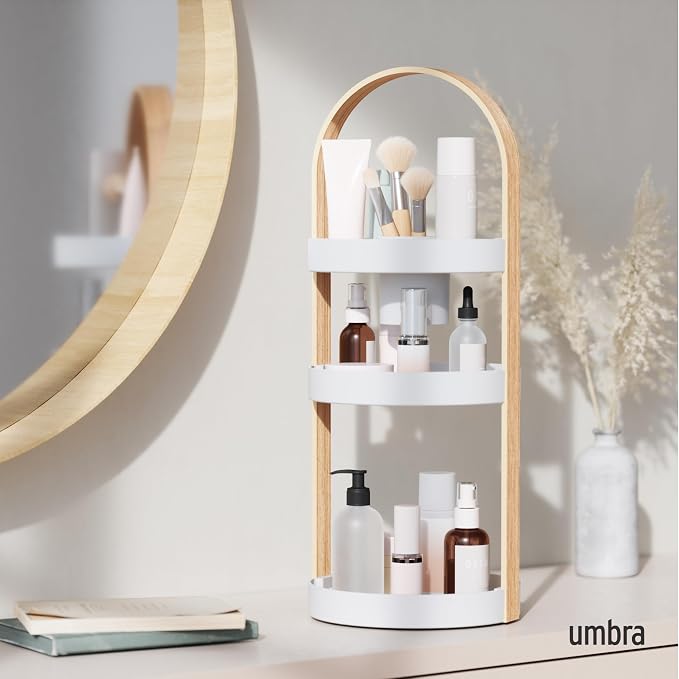 Umbra Bellwood Makeup Organizer, with Handle, Large, White/Natural | Three tier capacity, removable brush cup, integrated carry design, vanity countertop use, sixty percent recycled plastic