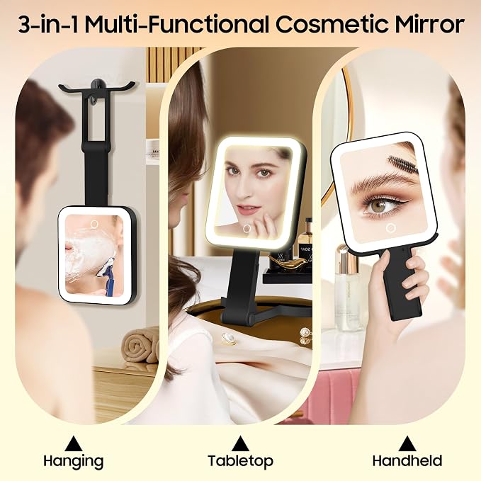 Small Travel Makeup Mirror with Lights(10" L x 5" W), Double-Sided 1X/30X Magnifying Mirror, 3 Color Lighting & Brightness Adjustable, Portable &Foldable Mirrors with Light (Black)