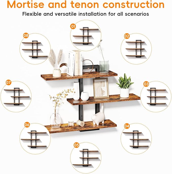 Floating Shelves for Wall, Wood Wall Shelves for Bathroom | 3 Tier Shelves for Wall Decor, Decorative Hanging Storage Shelf for Bedroom Kitchen Living Room, Rustic Brown and Black