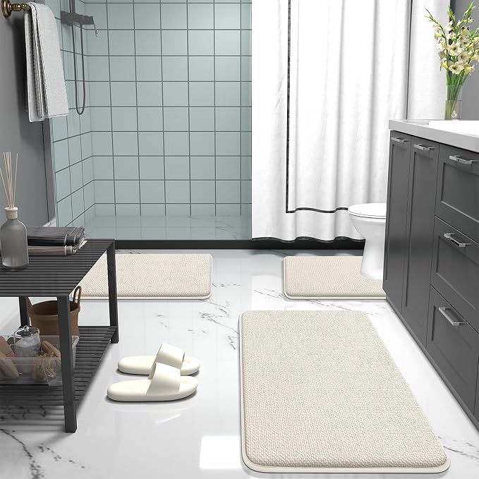 OLANLY Memory Foam Bathroom Toilet Rug U-Shaped 24x20, Absorbent Mat, Ivory | Soft Quick Dry Bath Rugs, Non-Slip Carpet, Machine Washable Mat for Bathroom Floor, Tub and Shower, Home Decor Accessories