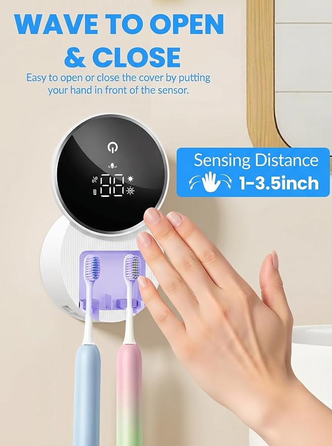 Toothbrush Sanitizer and Holder, Toothbrush Holders for Bathroom, Tooth Brush Wall-Mounted Cleaner Organizer with Auto-Inductive Cover, Air Drying Fits Most Electric, Manual and Kids’ Toothbrushes