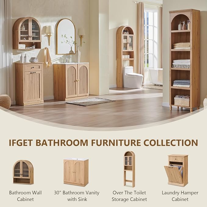 IFGET Bathroom Arched Wall Cabinet, 23.6'' Wide Medicine Cabinet with Adjustable Shelves & Glass Doors, Over The Toilet Storage Wall Mount Cabinet for Laundry Room, Kitchen & Living Room, Natural Oak