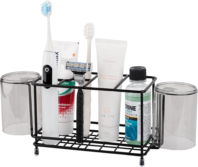 Toothbrush Holders Toothpaste Organizer Bathroom Accessories with Hooks | Carbon Steel, 5 Slots, Easy to Clean, Electric Toothbrush Storage, for Countertop, Shower, Sink