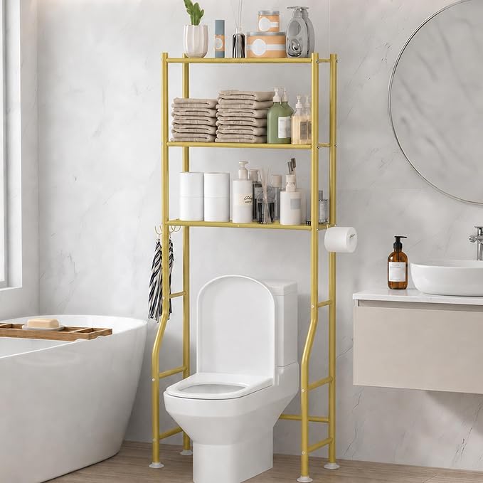 GloTika 3-Tier Over Toilet Storage, Anti-Tilt, 64" H, Gold | Anti-Tilt Safety System, 150lb Capacity, Carbon Steel, Freestanding, No Drilling, Anti-Rust Coating, Paper Holder & 4 Hooks