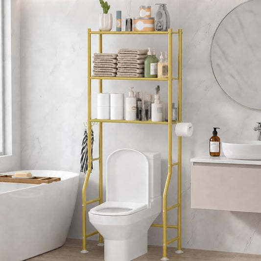 GloTika 3-Tier Over Toilet Storage, Anti-Tilt, 64" H, Gold | Anti-Tilt Safety System, 150lb Capacity, Carbon Steel, Freestanding, No Drilling, Anti-Rust Coating, Paper Holder & 4 Hooks