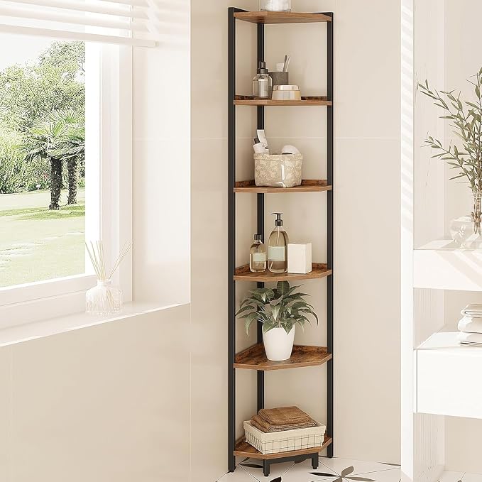 Hzuaneri Corner Shelf Stand 6-Tier Corner Bookshelf Storage Standing Shelf | Bookcase Plant Stand with Metal Frame for Living Room, Home Office, Bedroom, Rustic Brown CS06001B