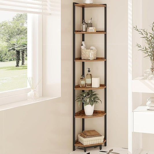 Hzuaneri Corner Shelf Stand 6-Tier Corner Bookshelf Storage Standing Shelf | Bookcase Plant Stand with Metal Frame for Living Room, Home Office, Bedroom, Rustic Brown CS06001B
