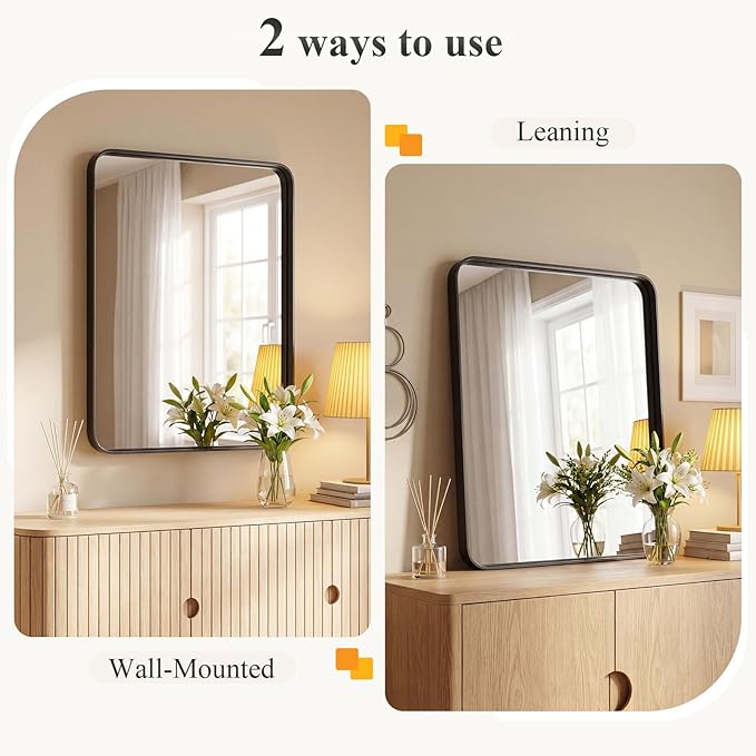 NEWBULIG Bathroom Mirror for Over Sink, 32X48 Inch Wall Vanity Mirror | Wall Mount, Tempered Glass, Anti-Rust Metal Framed, Rounded Rectangle, Farmhouse Home Decor, Black