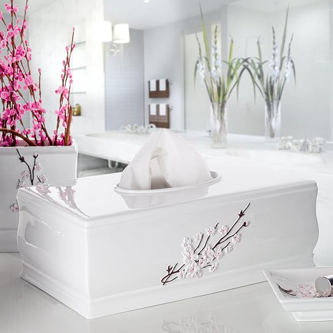 Creative Scents Vanda Rectangle Tissue Box Cover with Bottom Slider | White Tissue Box Holder Rectangular Cherry Blossom Design White Bathroom Accessories Decor