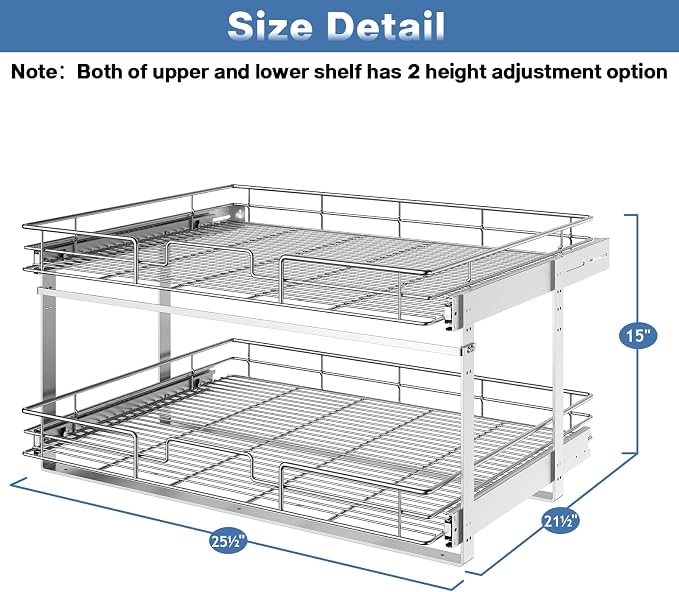 LOVMOR 2 Tier Individual Pull Out Cabinet Organizer 25½" W x 21½" D, Slide Out Kitchen Cabinet Storage Sliding Shelves