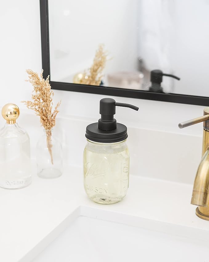 Mason Jar Soap Dispenser - Black - with 16 Ounce Ball Mason Jar - Made from Rust Proof Stainless Steel - Two Pack