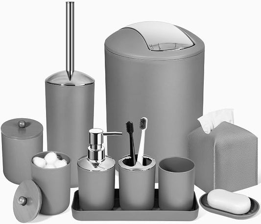 Grey Bathroom Accessories Set, 10Pcs Bathroom Accessory Set with Trash Can, Soap Dispenser and Toothbrush Holder, Soap Dish, Cotton Ball & Qtip Holder, Toilet Brush Holder, Tissue Box Cover