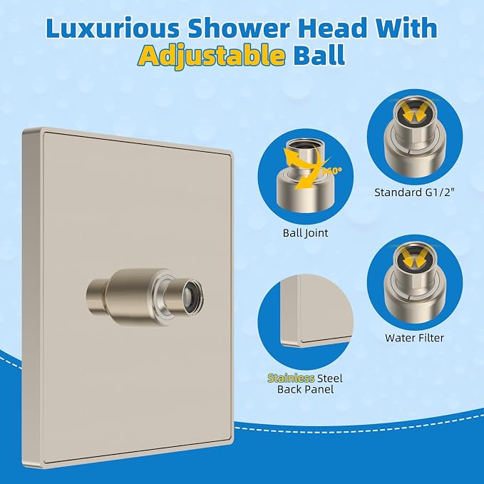 Hibbent cUPC Certified Thickness Metal 8'' Rain Shower Head, Brushed Nickel | High Pressure Shower Head, Bathroom Waterfall Shower Heads, High Flow Fixed Showerheads with Adjustable Brass Ball Joint