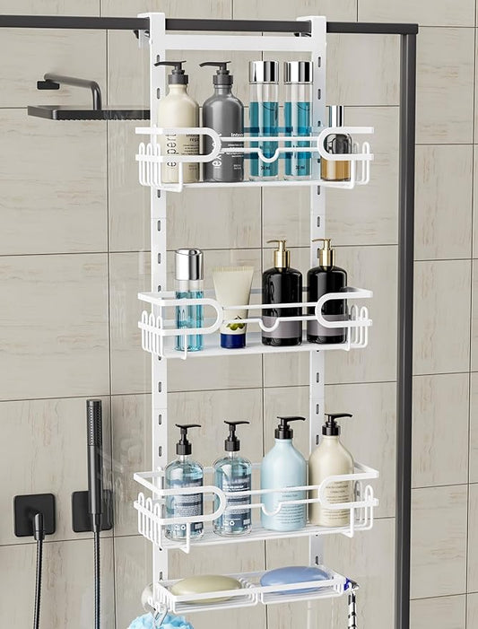 Consumest Over The Door Shower Caddy - 4 Tier Adjustable Hanging Shower Organizer Shelf with 2 Soap Holders & 22 Hooks, Rustproof Easy Installation Hanging Storage Rack for Bathroom, White