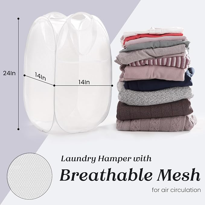 TECHMILLY Collapsible Mesh Pop Up Laundry Hamper with Sturdy Handles and Side Pocket - Portable Foldable Clothes Baskets for Dorm, Bathroom & Travel Storage (White)