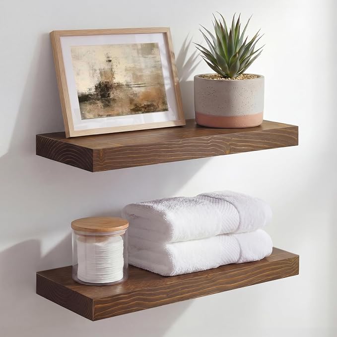 Classic Walnut 16 inch Floating Shelf, High End Solid Real Wood Small 16inch Floating Shelves for Wall Mounted, 16in Floating Shelves, Heavy Duty Bracket, 16 X 6.5 X 1.75 inches, Set of 4