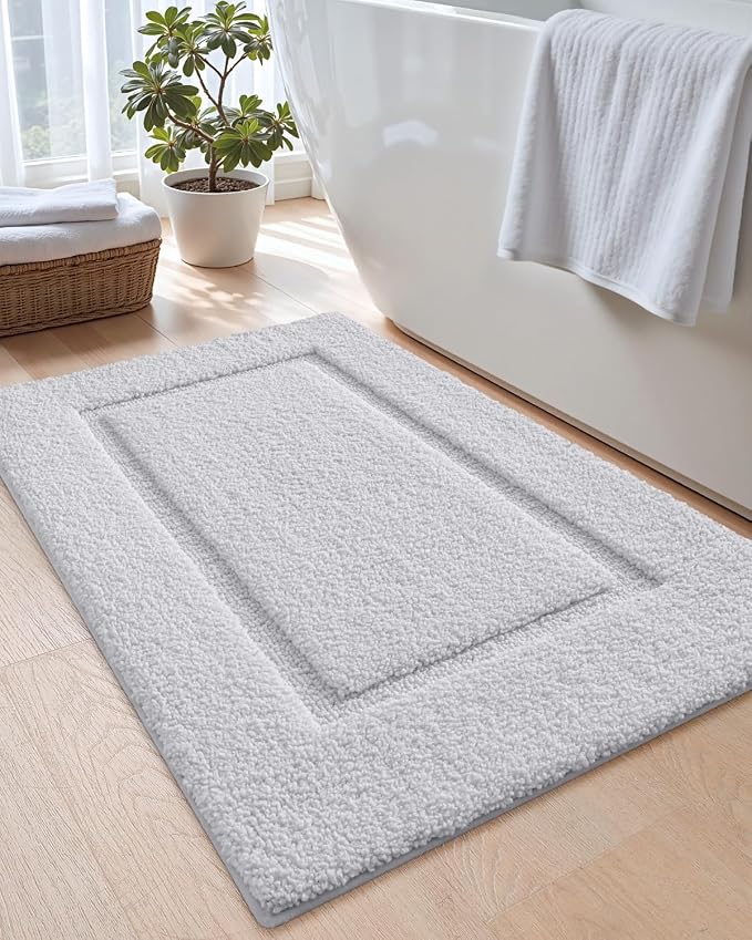 DEXI Bath Mat 43x24, Absorbent and Non Slip Bathroom Rugs, White | Soft Plush Microfiber Bathmat, Machine Washable & Quick Dry, Rubber Back Rug for Shower, Tub, Sink