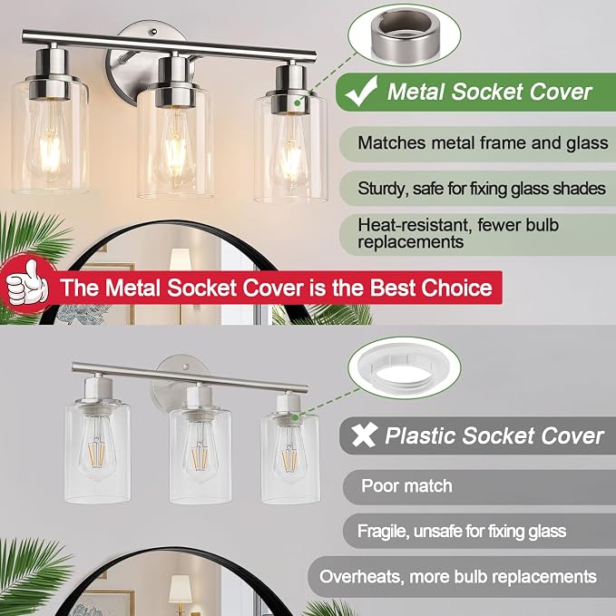 Zarbitta 3-Light Bathroom Light Fixtures, Brushed Nickel Vanity Light, Farmhouse Wall Lights with Clear Glass Shade, Bathroom Wall Lamp for Mirror Kitchen Bedroom Hallway Living Room Hallway Cabinet