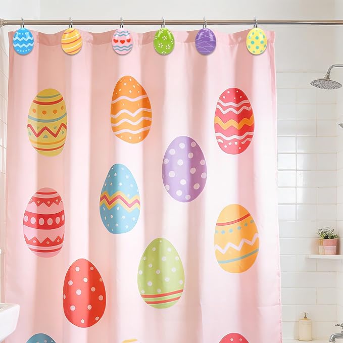 12 Pcs Easter Shower Curtain Hooks Colorful Egg Bathroom Decor | 12 resin and metal Easter egg shower curtain hooks, fit rods up to 1.2 inches,reusable, easy install for spring party decor