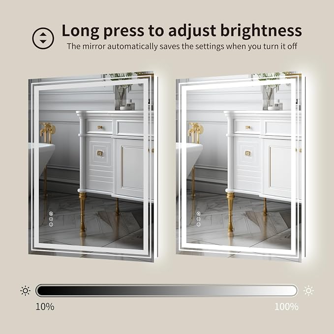 WTTY 28" x 36" LED Bathroom Mirror with Light | Anti-Fog, Dimmable, 3 Color Temperature, Memory Function, Tempered Glass, IP54 Waterproof, ETL Listed