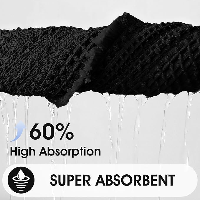 Upgraded Waffle Bath Mat Set 3 Piece Black-Herringbone, Super Absorbent Non-Slip Quick Dry Bathroom Rugs with Tassels, Machine Washable Ultra Soft Boho Bath Rugs, Toilet Mats Boho Farmhouse Decor