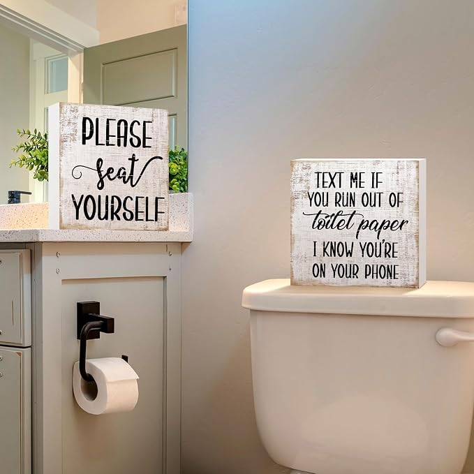 Jetec Set of 2 Farmhouse Bathroom Signs Decor Funny Rustic Wood Plaque Bathroom Wall Art Please Seat Yourself Wooden Toilet Signs for Home Restroom Shelves(Yellow)