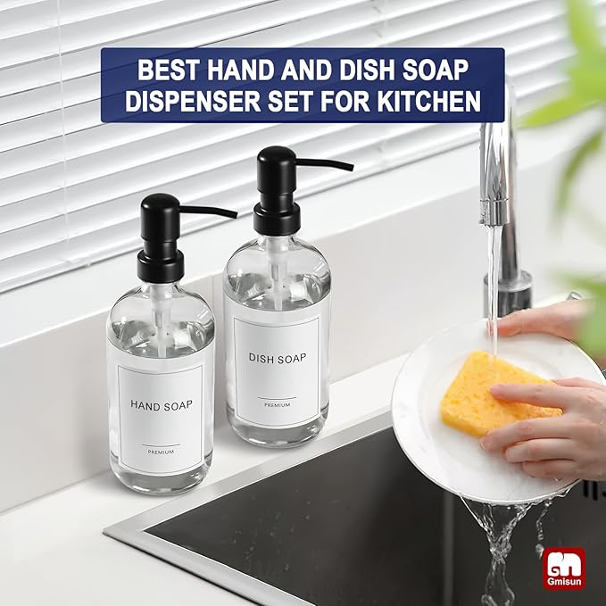 GMISUN Shampoo and Conditioner Dispenser, 3 Pack Clear Glass Bathroom Shampoo Conditioner Body Wash Dispenser with Pump for Shower, 17 Fl Oz Hand Soap Dish Soap and Lotion Dispenser Set for Kitchen