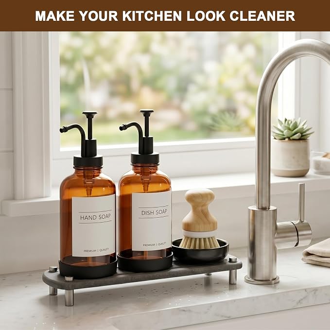 Kitchen Soap Dispenser, 16.9 oz/500 ml Amber Soap Dispenser, Hand and Dish Soap Dispenser Set, Dish Brush, Refillable, for Daily Kitchen Cleaning