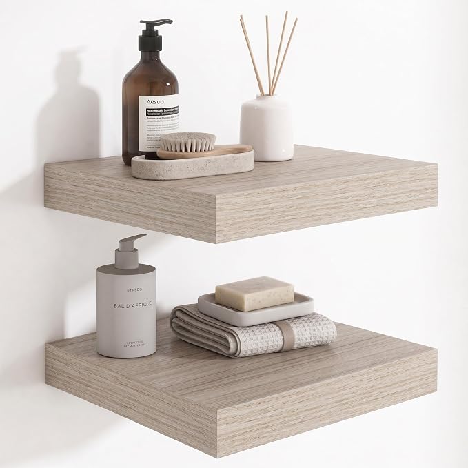 Deep Floating Shelves for Wall, 12 Inch Wide Small Wall Shelves Set of 2, 2 Inch Thick Invisible Wall Mounted Shelves for Bathroom Bedroom Nursery,Grey